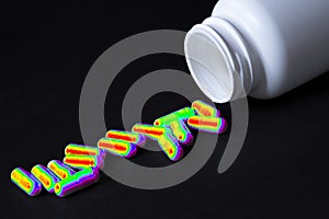 Abstract LSD capsule pills with bottle. Drugs narcotic concept.