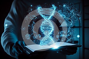 Abstract luminous DNA molecule. Doctor using tablet and check with analysis chromosome DNA genetic of human on virtual interface.