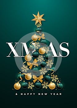 Abstract Luxury Christmas tree with realistic gold and green baubles, snowflake, bows and star.