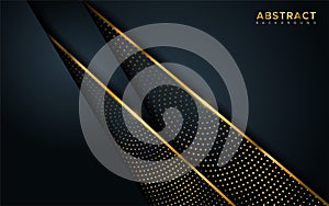 Abstract luxury dark background with golden lines and circular glowing golden dots combinations