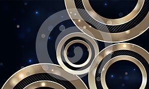 Abstract luxury dark blue background with golden circles and bokeh festive lights effect.