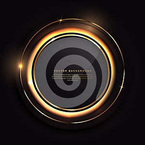 Abstract luxury gold circle lines frame on black background and glowing ligthting effect