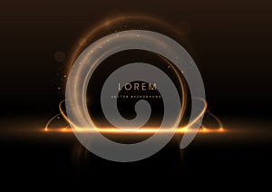 Abstract luxury golden circle glowing lines curved overlapping on black background with lighting effect sparkle. Template premium