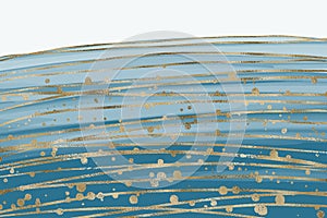 Abstract luxury liquid marble blue watercolor background with gold glitter. Agathe marbled wave splash backdrop with