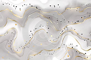 Abstract luxury liquid marble grey background with gold splatters. Golden marbled wave watercolor splash effect backdrop