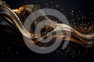 Abstract luxury shiny golden wave design element on black background. The golden color of a transparent smoky wave