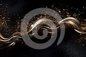 Abstract luxury shiny golden wave design element on black background. The golden color of a transparent smoky wave