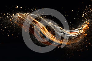 Abstract luxury shiny golden wave design element on black background. The golden color of a transparent smoky wave