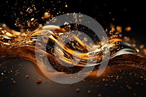 Abstract luxury shiny golden wave design element on black background. The golden color of a transparent smoky wave