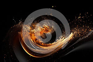 Abstract luxury shiny golden wave design element on black background. The golden color of a transparent smoky wave