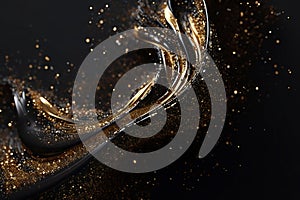 Abstract luxury shiny golden wave design element on black background. The golden color of a transparent smoky wave