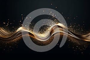 Abstract luxury shiny golden wave design element on black background. The golden color of a transparent smoky wave