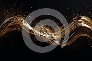 Abstract luxury shiny golden wave design element on black background. The golden color of a transparent smoky wave