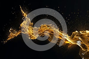 Abstract luxury shiny golden wave design element on black background. The golden color of a transparent smoky wave