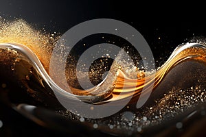 Abstract luxury shiny golden wave design element on black background. The golden color of a transparent smoky wave