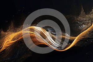 Abstract luxury shiny golden wave design element on black background. The golden color of a transparent smoky wave