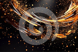 Abstract luxury shiny golden wave design element on black background. The golden color of a transparent smoky wave