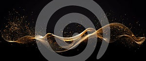Abstract luxury shiny golden wave design element on black background. The golden color of a transparent smoky wave