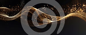 Abstract luxury shiny golden wave design element on black background. The golden color of a transparent smoky wave