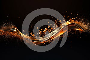 Abstract luxury shiny golden wave design element on black background. The golden color of a transparent smoky wave