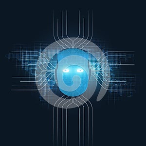 Abstract Machine Learning, Artificial Intelligence and Networks Design Concept with Network Mesh and Robot Head