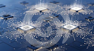 Abstract Macro Electronic Circuits Glowing CPU Chips and Data Flow