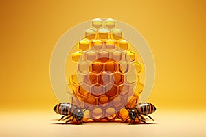 Abstract macro image of a honeycomb. Close-up of a wax honeycomb filled with honey and working bees. Artistic abstract