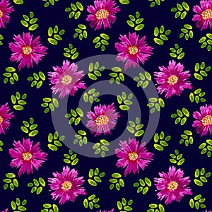 Abstract magenta daisies and green leaves on a dark background. Seamless floral watercolor rhythmic background.