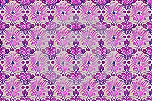 Abstract magenta or purple natural flower, floral, and leaves seamless pattern background. Flower and leaf clip illustration