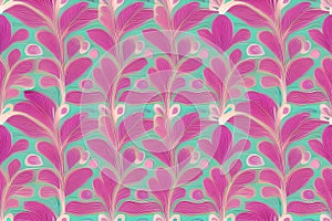 Abstract magenta or purple natural flower, floral, and leaves seamless pattern background. Flower and leaf clip illustration