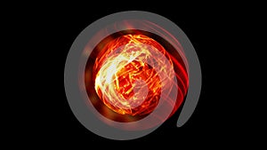 Abstract magic energy crystal ball. Glowing glass sphere with fire effect orb spin inside. 4K 3D rendering seamless loop.