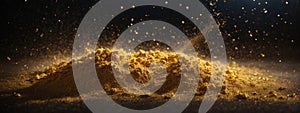 Abstract magic gold dust background over black. Beautiful golden art widescreen background