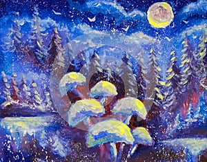 Abstract magic mushrooms on a winter blue background. Forest of spruce trees. Snowing. The big moon is shining original oil painti