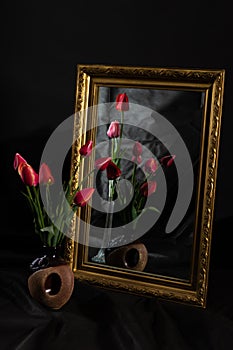 Abstract Magic. Tulip flowers in dark room reflecting in mirror