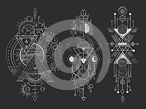 Abstract magical tattoo. Sacred geometric moon, mystic revelation arrows lines and mysticism harmony hand drawn vector photo