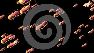 Abstract magnified under a microscope terry tuberculus sticks in space in neon rays. Close-up. 3D. 4K. Isolated black background