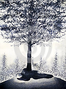 Abstract man black tree dead born origin watercolor painting illustration design