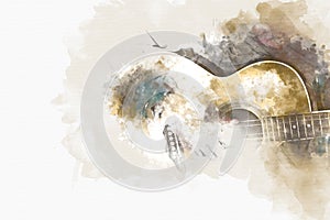 Abstract playing acoustic guitar watercolor painting background.