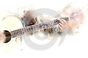 Abstract Man playing acoustic guitar watercolor paint.