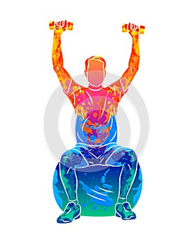 Abstract man trains on a ball with dumbbells on a white background. Rehabilitation. Fitness classes