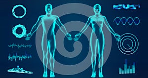 Abstract man and woman hologram on blue background 3d rendering