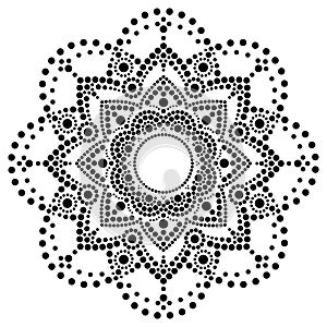 Dot art vector ethnic mandala, traditional Aboriginal dot painting design, indigenous decoration from Australia in white on black
