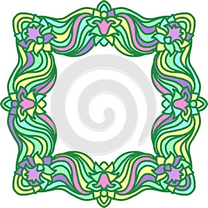 Abstract mandala frame. Asian floral pattern. Colorful authentic border. Vector illustration. Copyspace.