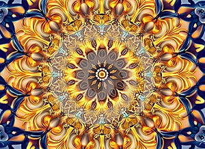 Abstract mandala, kaleidoscope, art, golden tone on digital art concept