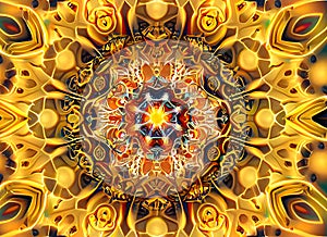 Abstract mandala, kaleidoscope, art, golden tone on digital art concept