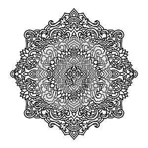 Abstract mandala ornament. Asian pattern. Black and white authentic background. Vector illustration.
