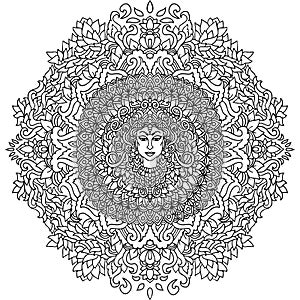 Abstract mandala ornament. Asian pattern. Black and white authentic background. Vector illustration. Budda face.