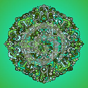Abstract mandala ornament. Asian pattern. Green authentic background. Vector illustration.
