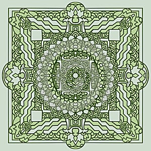 Abstract mandala ornament. Asian pattern. Green authentic background. Vector illustration. Tibetan tanka print.