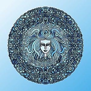 Abstract mandala ornament. Asian pattern with long hair girl face. Blue navy background. Vector illustration.